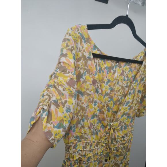 Free People Forget Me Not Mini Dress 8 Floral Ruched Short Sleeve Ivory Combo - Picture 10 of 15